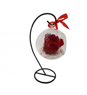 Glob de sticla pe suport metalic, cu trandafir criogenat Rosu, Crioflora